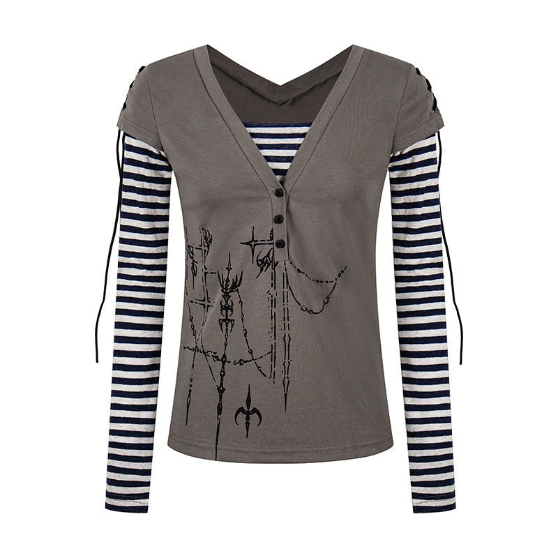 Damen Lagen-Langarmshirt mit V-Ausschnitt, Streifen-Innenlayer und Schnürdetail Echoarchiv