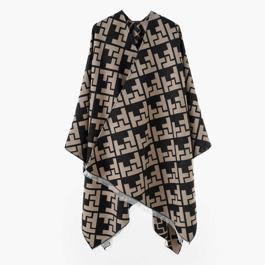 Damen Oversize-Cape mit geometrischem Jacquard und Fransensaum – Avérine