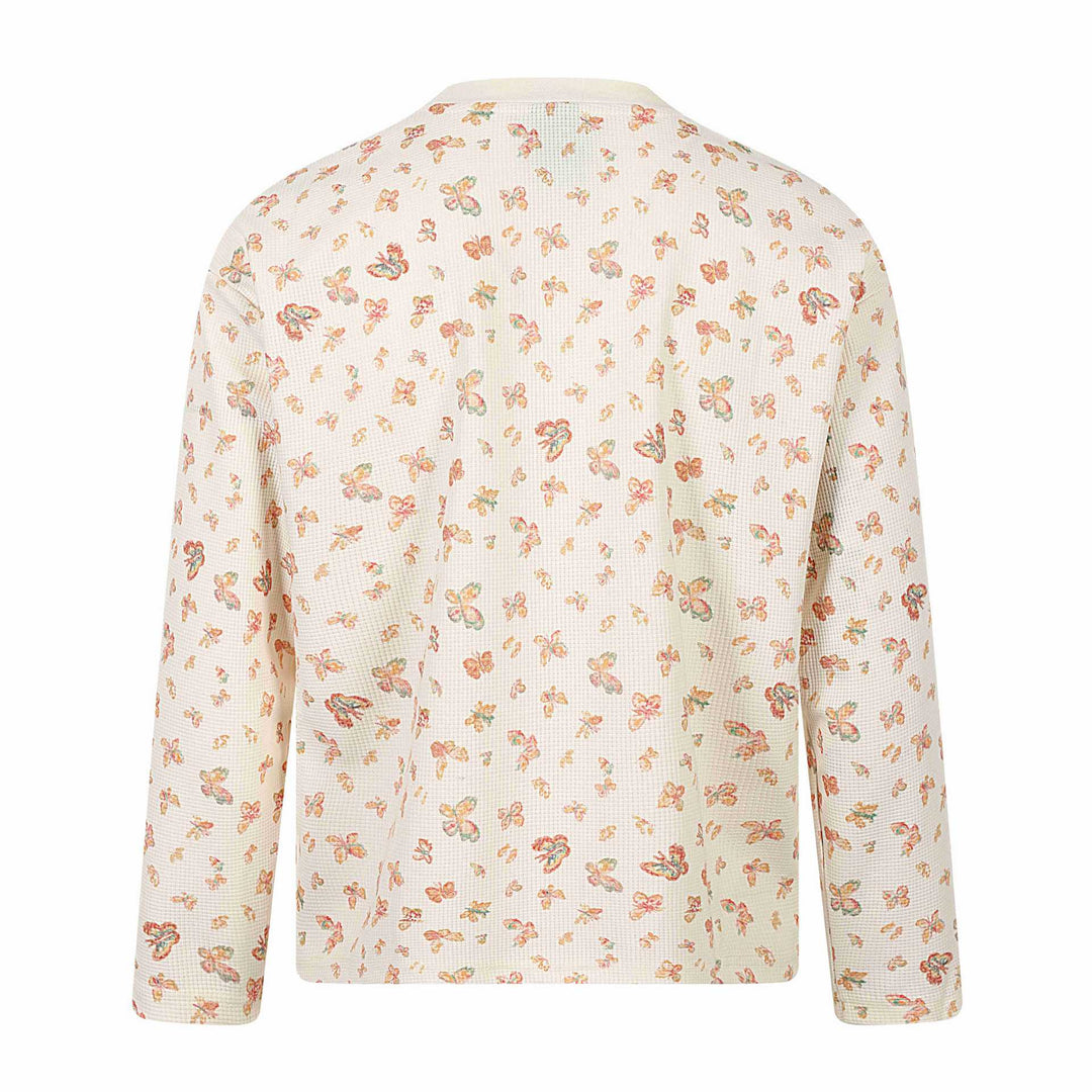Damen Waffelstrick-Langarmshirt mit Allover-Schmetterlingsprint und Rundhals Echoarchiv
