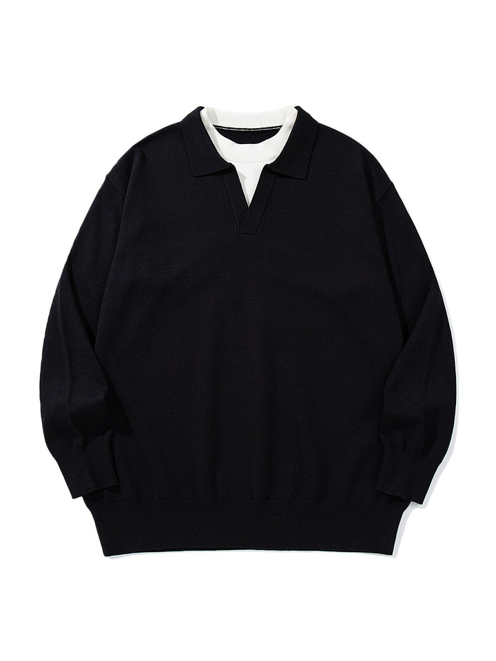Unisex Feinstrick-Polo mit V‑Ausschnitt‑Cutout und integriertem Rollkragen-Layer Echoarchiv