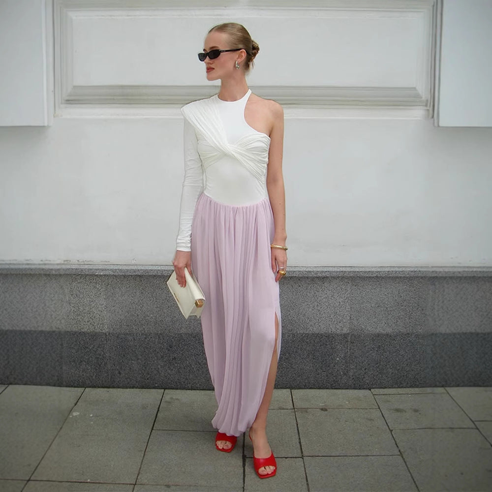 Damen Asymmetrisches One-Shoulder Maxikleid mit drapiertem Oberteil, langem Plissee‑Rock und Beinschlitz Echoarchiv