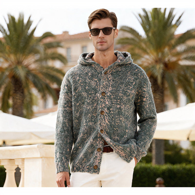 Damen Flauschige Kapuzen-Strickjacke mit Knopfleiste und melierter Bouclé-Optik Echoarchiv