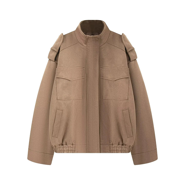 Damen kastiger Wollmix-Bomber mit Schulterklappen, Pattentaschen und elastischem Saum – Avenza