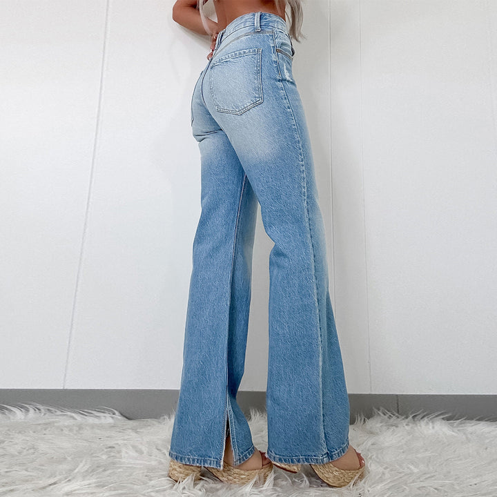 Damen hochtaillierte Schlaghose aus Denim mit Frontschlitz und weitem Bein Echo Archiv
