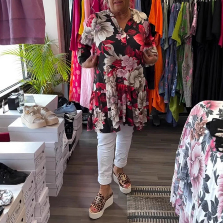 Damen nan schwingendes Tunika-Kleid im Babydoll-Stil mit V-Ausschnitt und Stufenvolants Echo Archiv