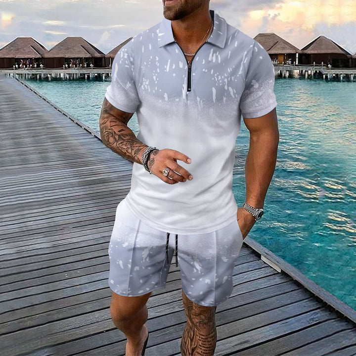 Herren sportliches Kurzarm T-Shirt mit Reißverschluss und grafischem Design Echoarchiv