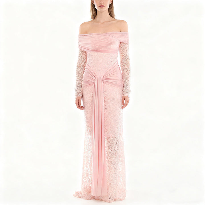 Damen Elegantes Spitzenkleid mit Off-Shoulder-Ausschnitt und Drapierungen Echo Archiv