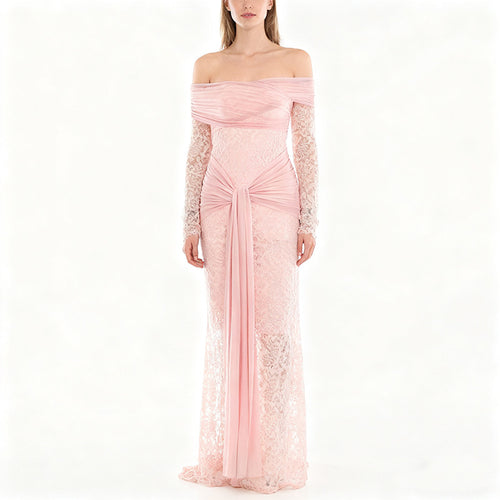 Damen Elegantes Spitzenkleid mit Off-Shoulder-Ausschnitt und Drapierungen Echo Archiv