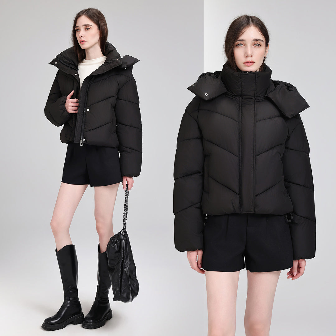 Damen Kurze Pufferjacke mit voluminösem Stehkragen und abnehmbarer Kragenkapuze Echo Archiv
