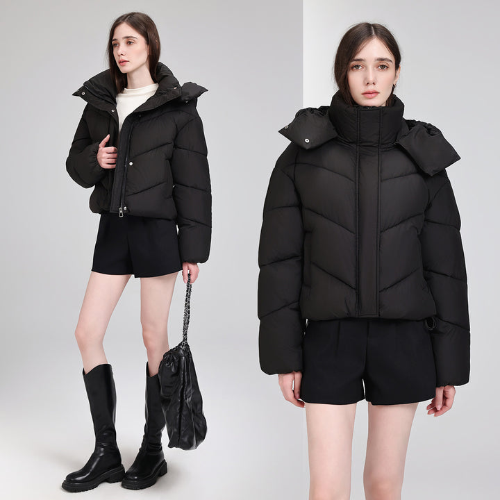 Damen Kurze Pufferjacke mit voluminösem Stehkragen und abnehmbarer Kragenkapuze Echo Archiv
