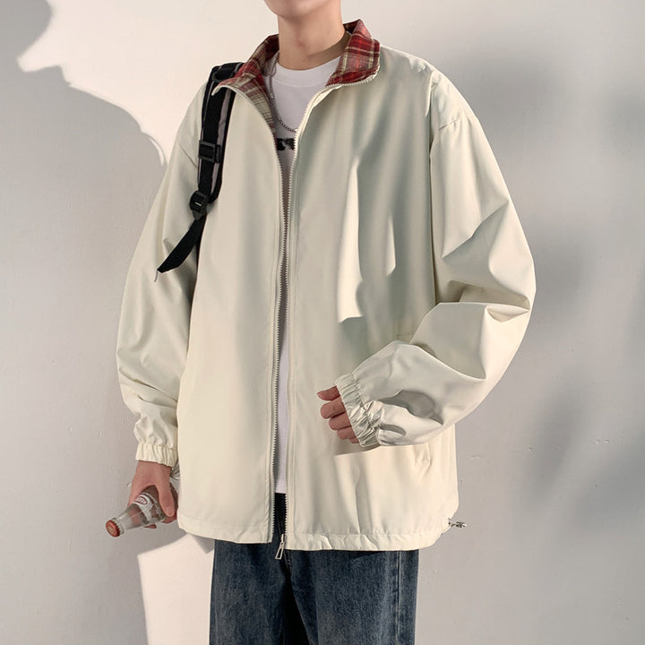 Herren Oversize‑Utility Übergangsjacke mit Reißverschluss und kontrastierendem Karo‑Innenkragen Echo Archiv