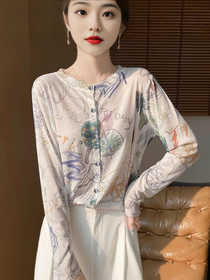 Damen Leichter Aquarell‑Print Feinstrick‑Cardigan mit Rundhalsausschnitt und Knopfleiste Echoarchiv