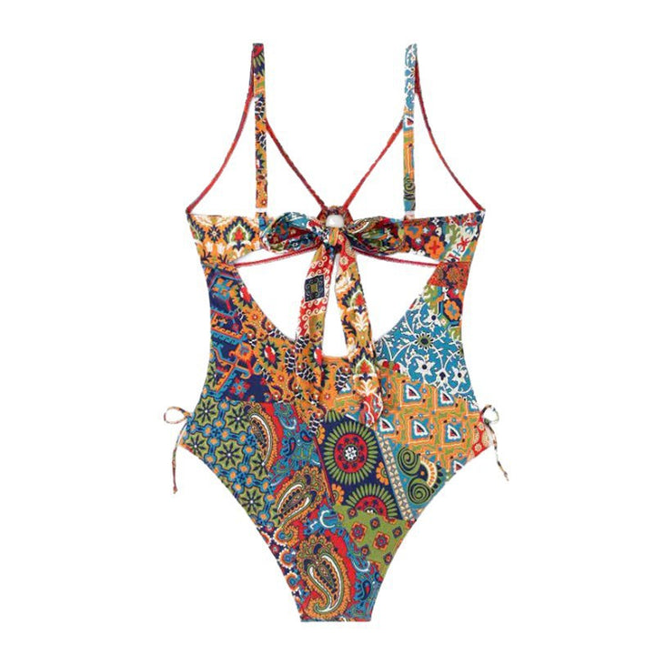Damen Design-Badeanzug mit dekorativem Knoten und buntem Muster Echo Archiv