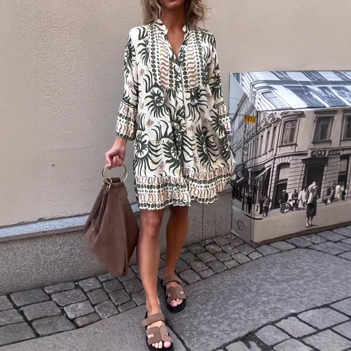 Damen nan locker geschnittenes Boho-Tunikakleid mit V-Ausschnitt geraffter Empire-Naht und Volant-Saum Echo Archiv