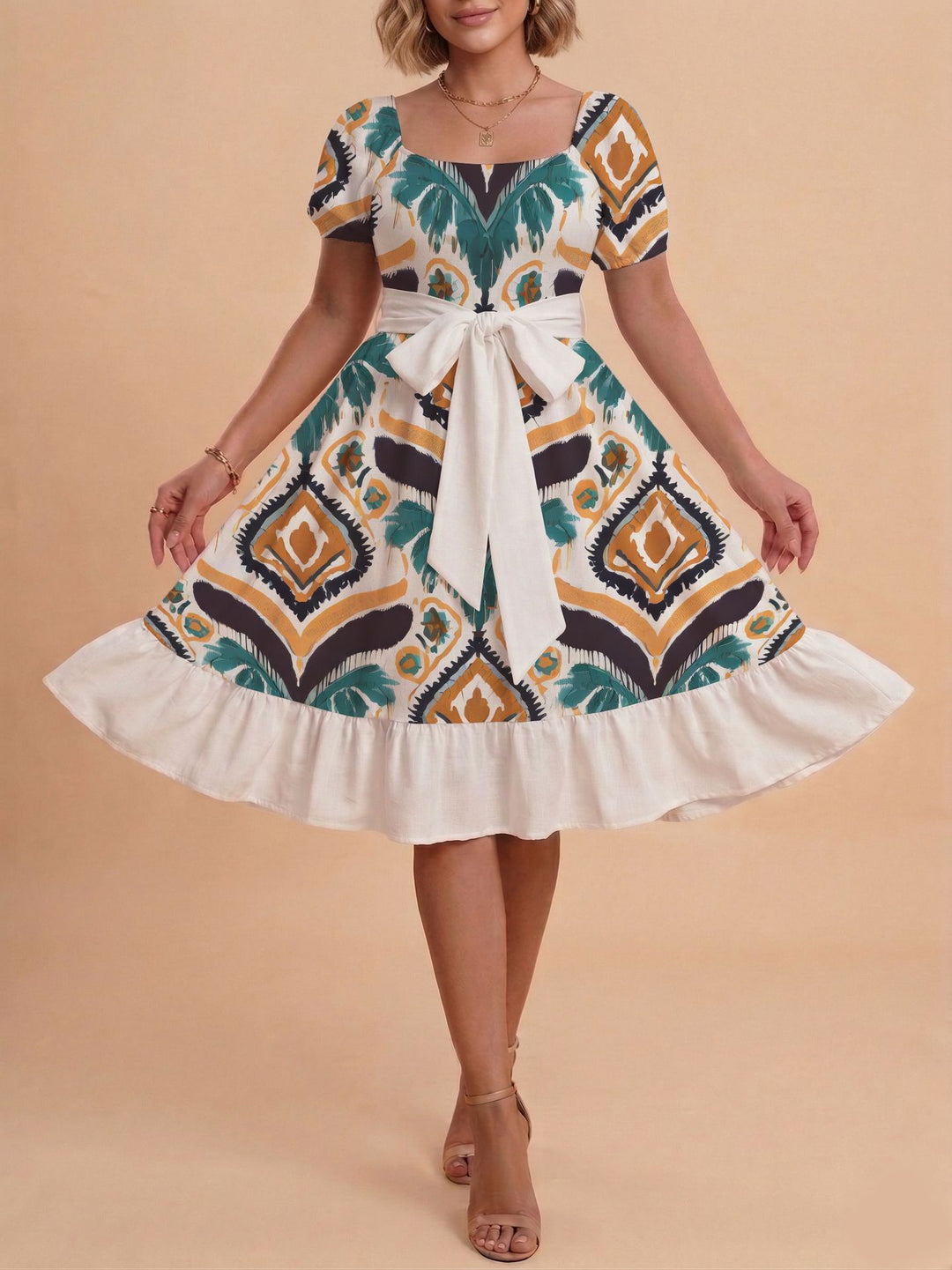 Damen Retro Maxikleid mit Puffärmeln und Taillengürtel Echo Archiv