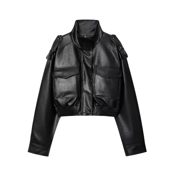 Damen Kurz geschnittene Blousonjacke aus Veganleder mit Schulterklappen und Pattentaschen Echo Archiv