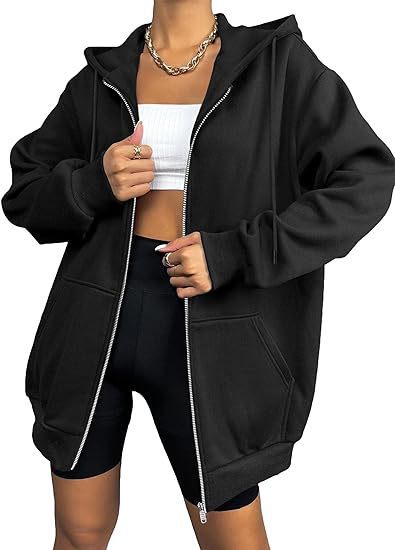 Damen nan oversized Zip-Kapuzenjacke mit kontrastierendem Reißverschluss, doppellagiger Kapuze und Kängurutasche Echo Archiv