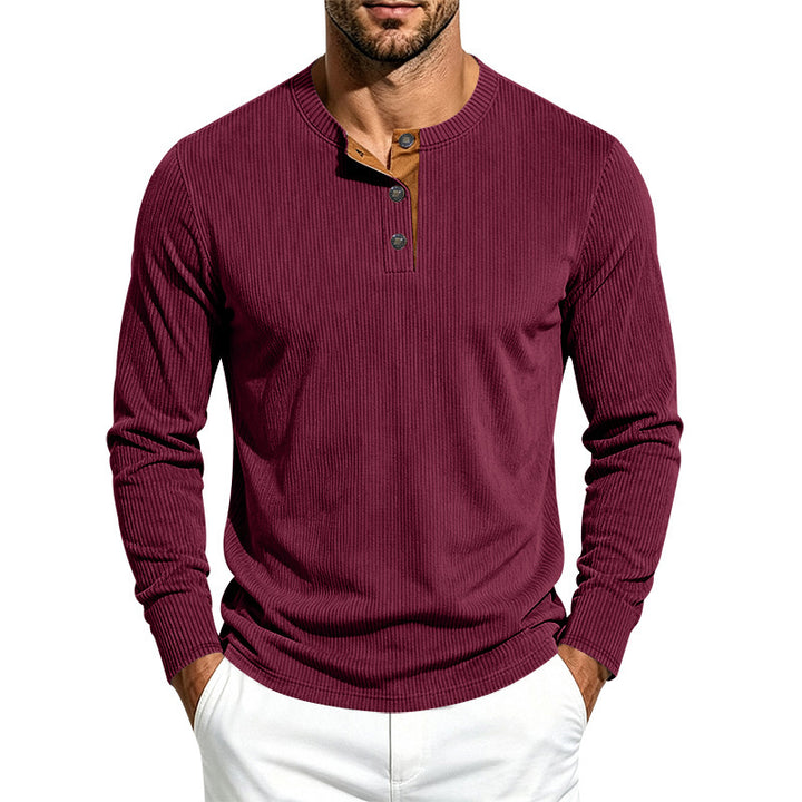 Herren Geripptes Henley-Langarmshirt aus Feinstrick mit Stehkragen und Knopfleiste – Norvane