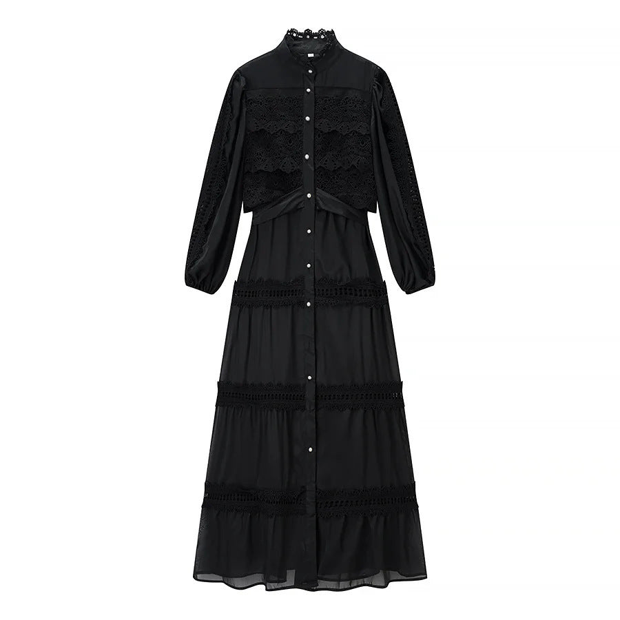 Damen romantisches Maxikleid mit Stehkragen, Knopfleiste und gehäkelten Spitzeneinsätzen – Valéora