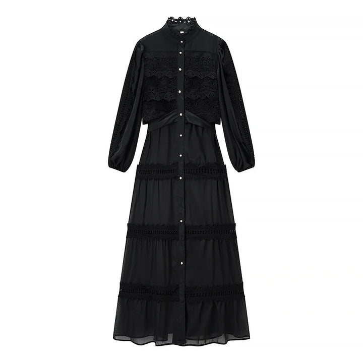 Damen romantisches Maxikleid mit Stehkragen, Knopfleiste und gehäkelten Spitzeneinsätzen – Valéora