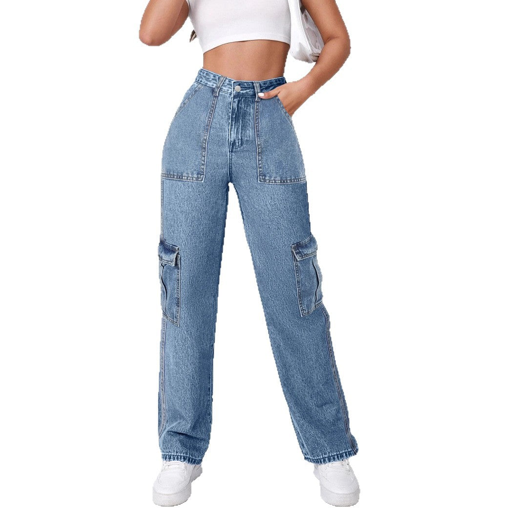 Damen Hochtaillierte Cargo-Weite-Jeans mit aufgesetzten Taschen und elastischem Saum Echo Archiv