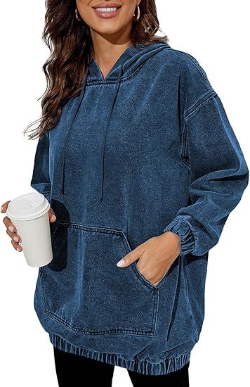 Damen Oversize Kapuzenpullover aus verwaschenem Jeansstoff mit Kängurutasche Echoarchiv