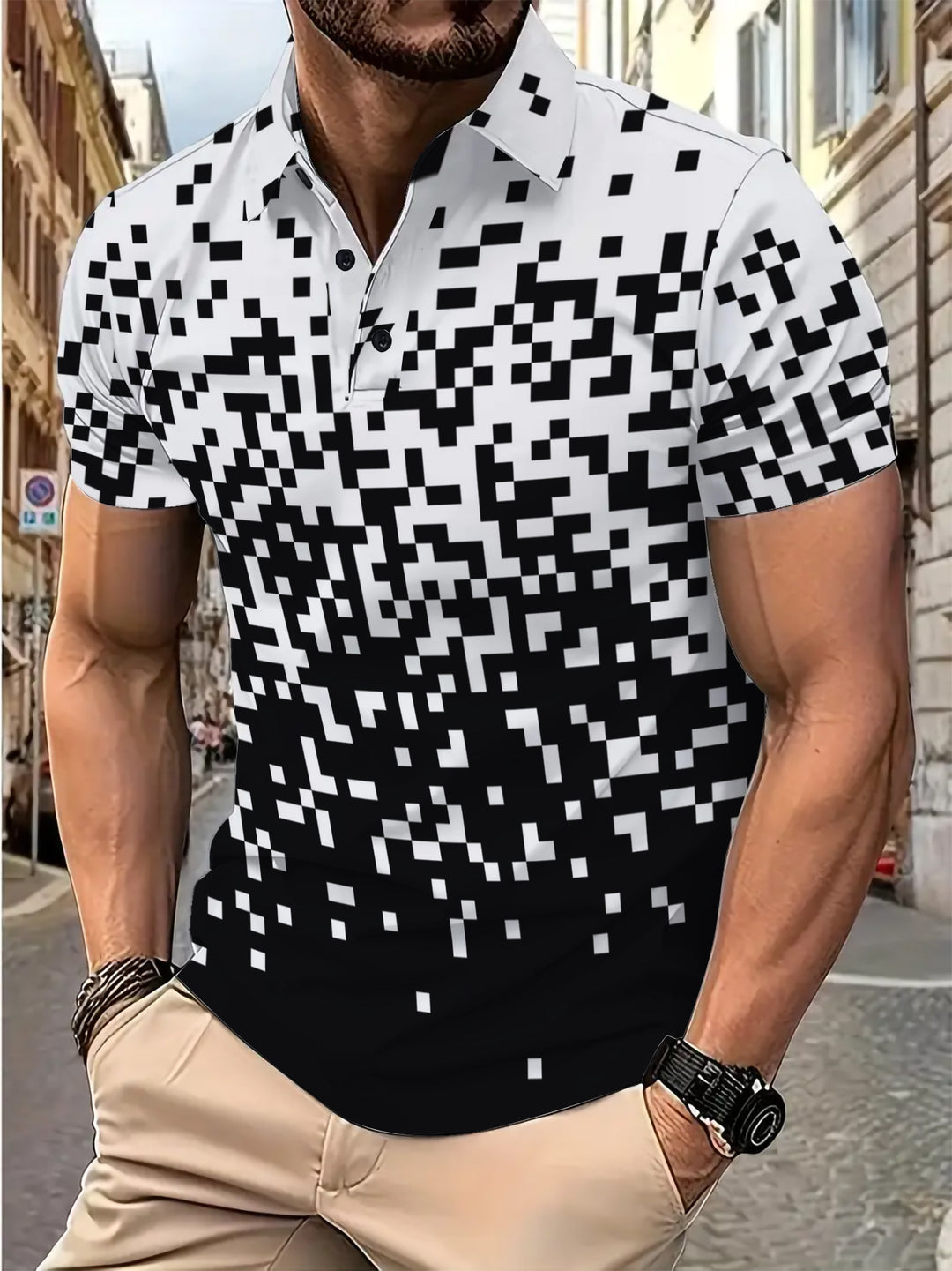 Herren Kurzarm Poloshirt mit kreativem Pixelmuster Echoarchiv