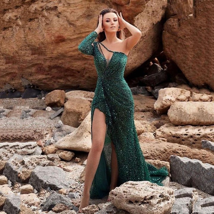 Echoarchiv | Puff Kurzarm Tailliertes Pailletten Midi Partykleid