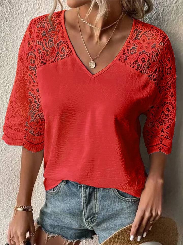 Damen nan V-Ausschnitt-Spitzenbluse mit dreiviertel Häkelärmeln und Knautsch-Optik Echo Archiv