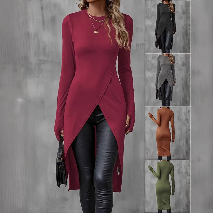 Damen Langes asymmetrisches Wickel-Tunika-Top mit Frontschlitz – Avérine