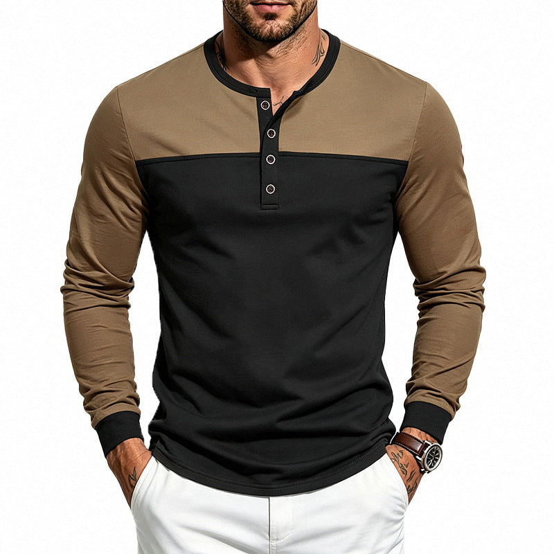 Herren Slim-Fit Henley-Langarmshirt mit Kontrastpaneel und Metallknopfleiste – Arvello