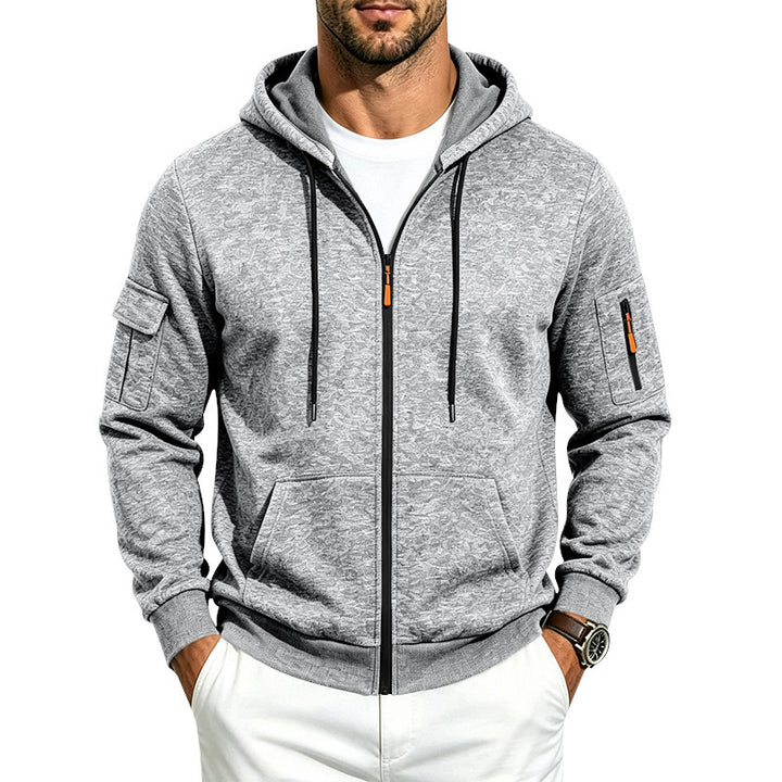 Herren Kapuzen-Sweatjacke aus meliertem French-Terry mit Reißverschluss und Ärmeltasche – Cavarno