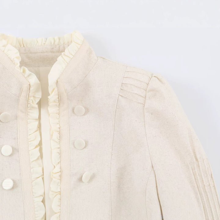Damen Cropped Jacke mit taillierter Silhouette, Stehkragen und Rüschenblende Echo Archiv