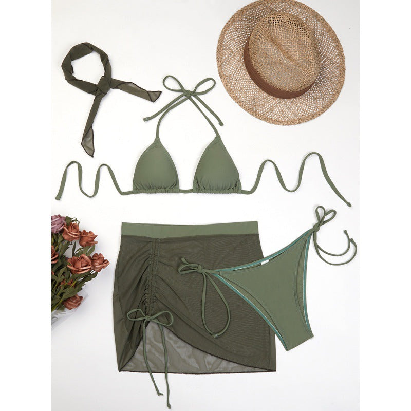 Damen Triangelbikini-Set mit transparentem Überrock und modischem Stirnband Echo Archiv