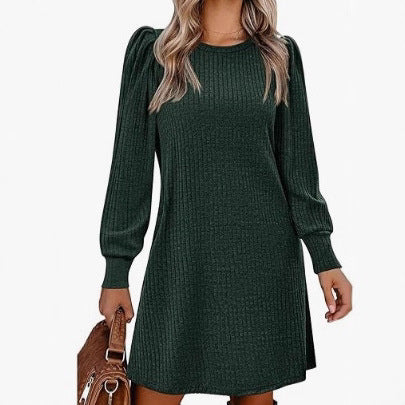 Damen gestricktes A-Linien Strickkleid mit Puffärmeln – Élara