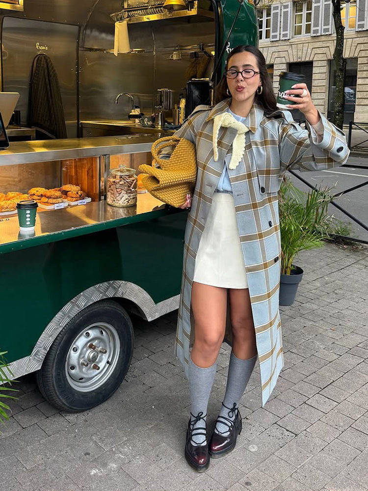 Damen langer kariierter Mantel im Trenchcoat-Stil mit doppelter Knopfleiste Echoarchiv