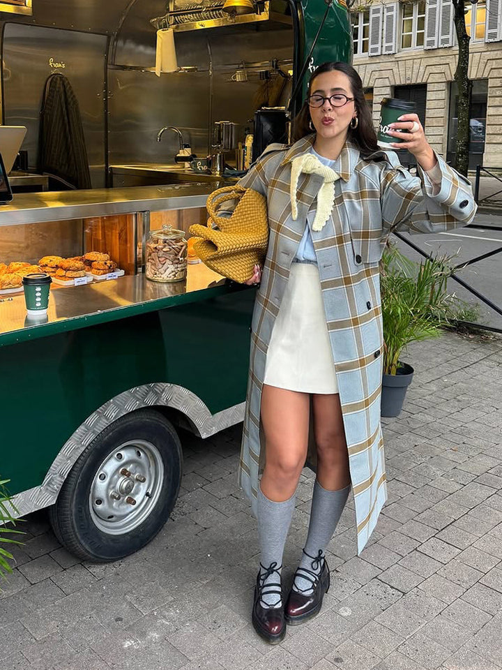 Damen langer kariierter Mantel im Trenchcoat-Stil mit doppelter Knopfleiste Echoarchiv