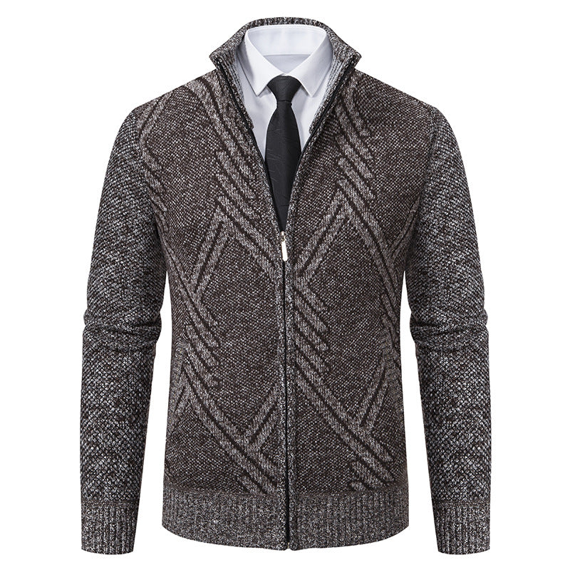 Herren Grobgestrickte Zip‑Strickjacke mit Stehkragen und geometrischem Strukturmuster Echo Archiv