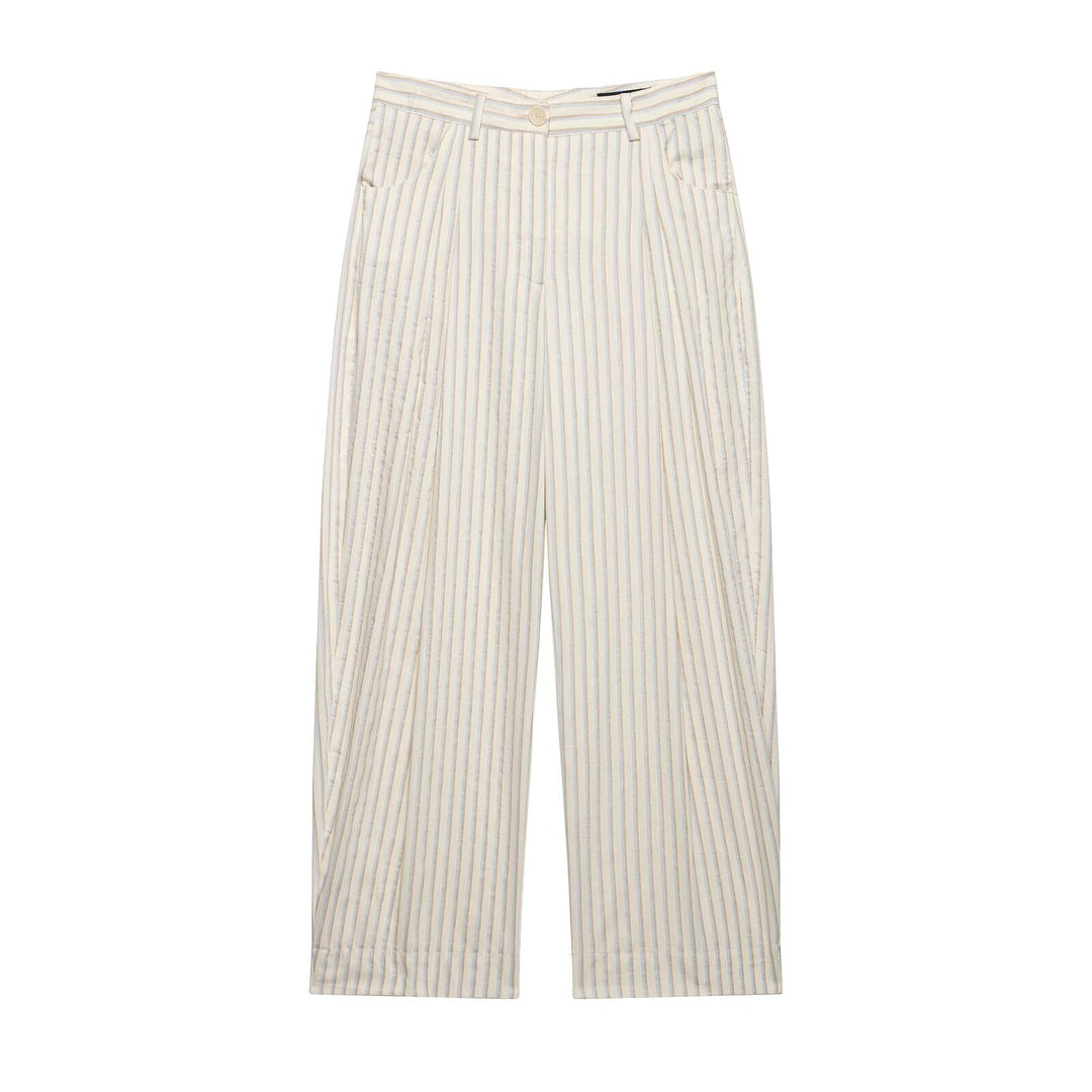 Damen Weite High‑Waist‑Hose aus leichter Baumwollmischung mit feinem Nadelstreifen und Bundfalten Echo Archiv