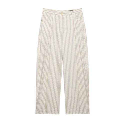 Damen Weite High‑Waist‑Hose aus leichter Baumwollmischung mit feinem Nadelstreifen und Bundfalten Echo Archiv