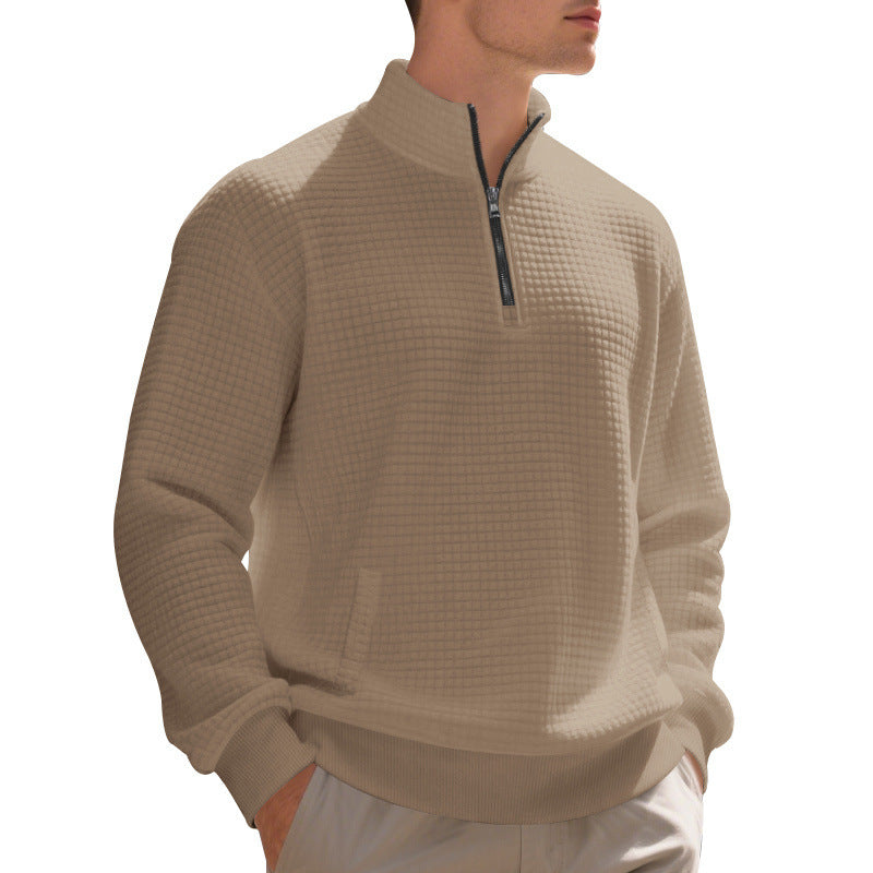 Herren Waffelstrick-Halbzip-Pullover mit Stehkragen, Kängurutasche & gerippten Abschlüssen – Cavarno