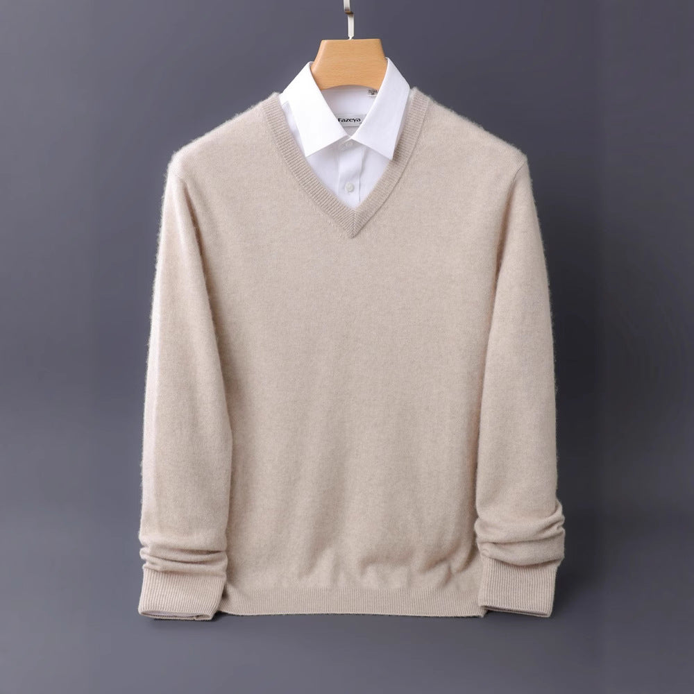 Herren Feiner V-Ausschnitt-Pullover aus Merino-Kaschmir-Mix mit gerippten Bündchen Echoarchiv