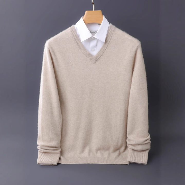 Herren Feiner V-Ausschnitt-Pullover aus Merino-Kaschmir-Mix mit gerippten Bündchen Echoarchiv