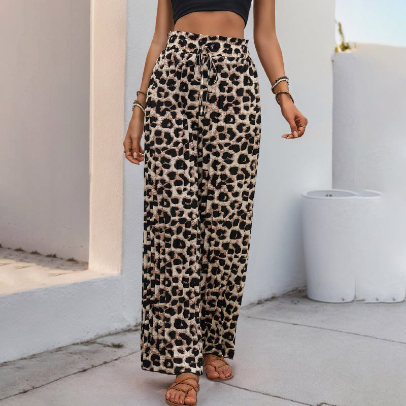 Damen Leichte Palazzo-Hose mit elastischem Bund, Bindekordel und Animal-Print Echoarchiv