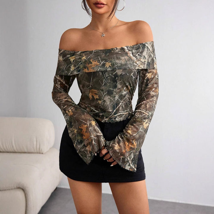 Damen nan schulterfreies Langarm-Top mit Camouflage-Blattmuster und ausgestellten Ärmeln Echo Archiv