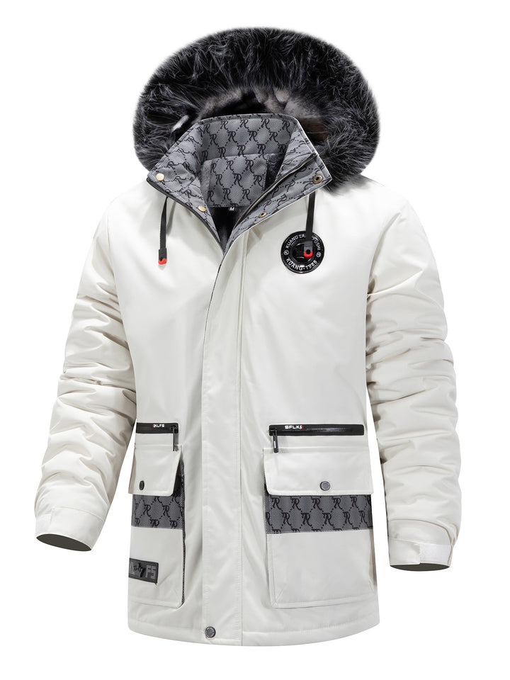Herren Langer Thermo-Parka mit Kapuze, Logo-Innenfutter und Multifunktions-Taschen Echoarchiv