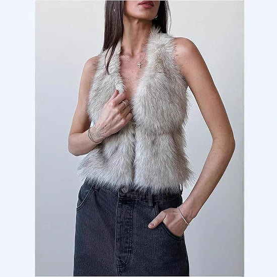 Damen Ärmelloses Cropped-Kunstpelz-Set mit Minirock und flauschigen Stulpen Echo Archiv