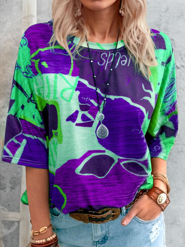 Damen Lockere Viskose Druckbluse mit halblangen Ärmeln und Rundhalsausschnitt – Élovi