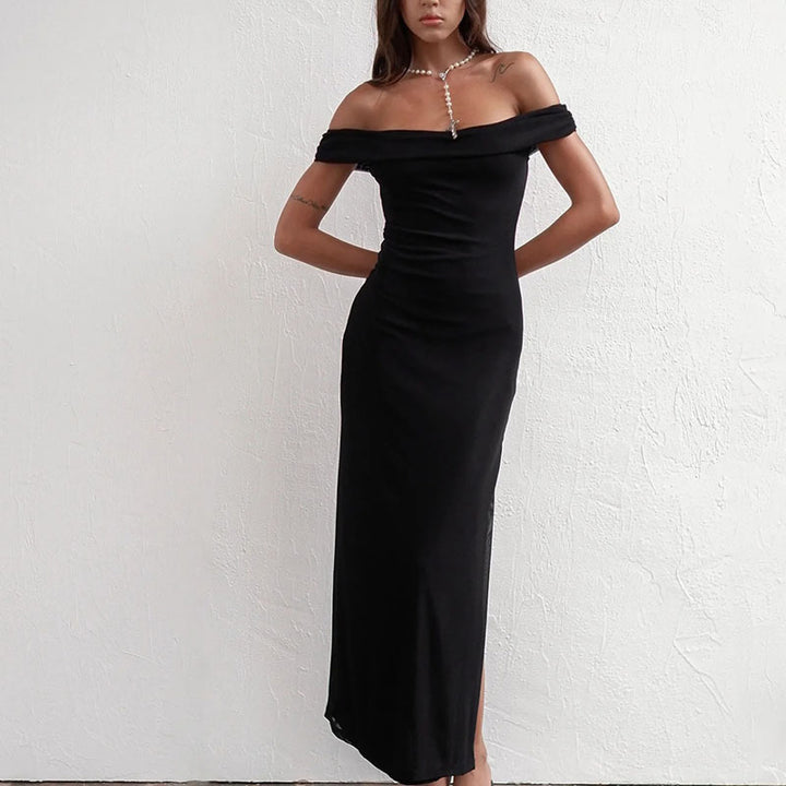 Damen elegantes schulterfreies Maxikleid mit fließendem Stoff und raffinierter Drapierung Echo Archiv
