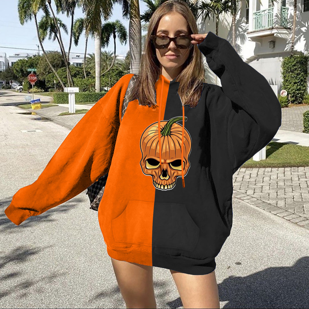 Damen Oversize Kapuzenpullover mit Halloween Kürbisdruck und Kängurutasche – Auréline